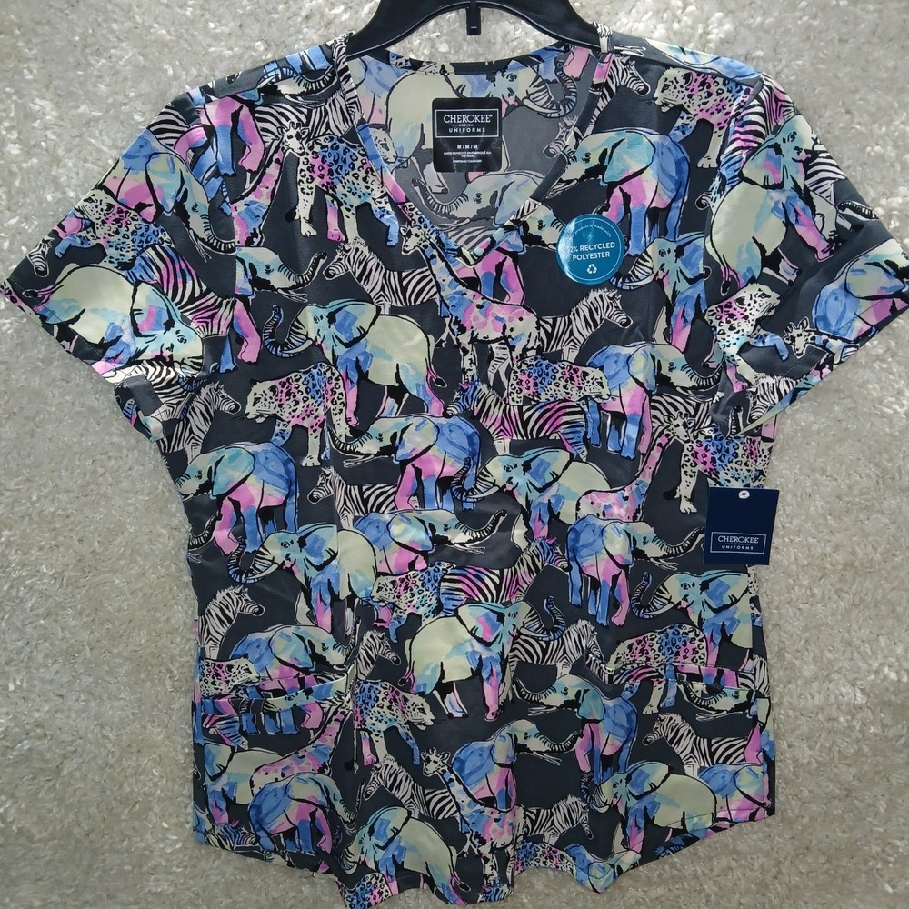 Cherokee Uniform Medical Scrubs Top‎ Women M  Animals Elephants Zebras Giraffes